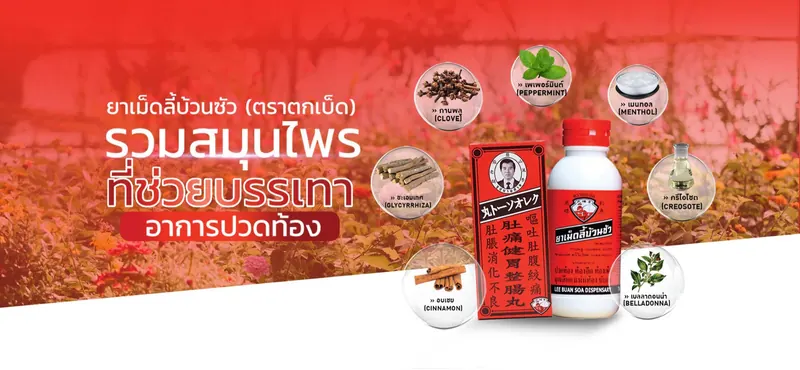 ยาเม็ดลี้บ้วนซัว ตราตกเบ็ด รวมสมุนไพรที่ช่วยบรรเทาอาการปวดท้อง